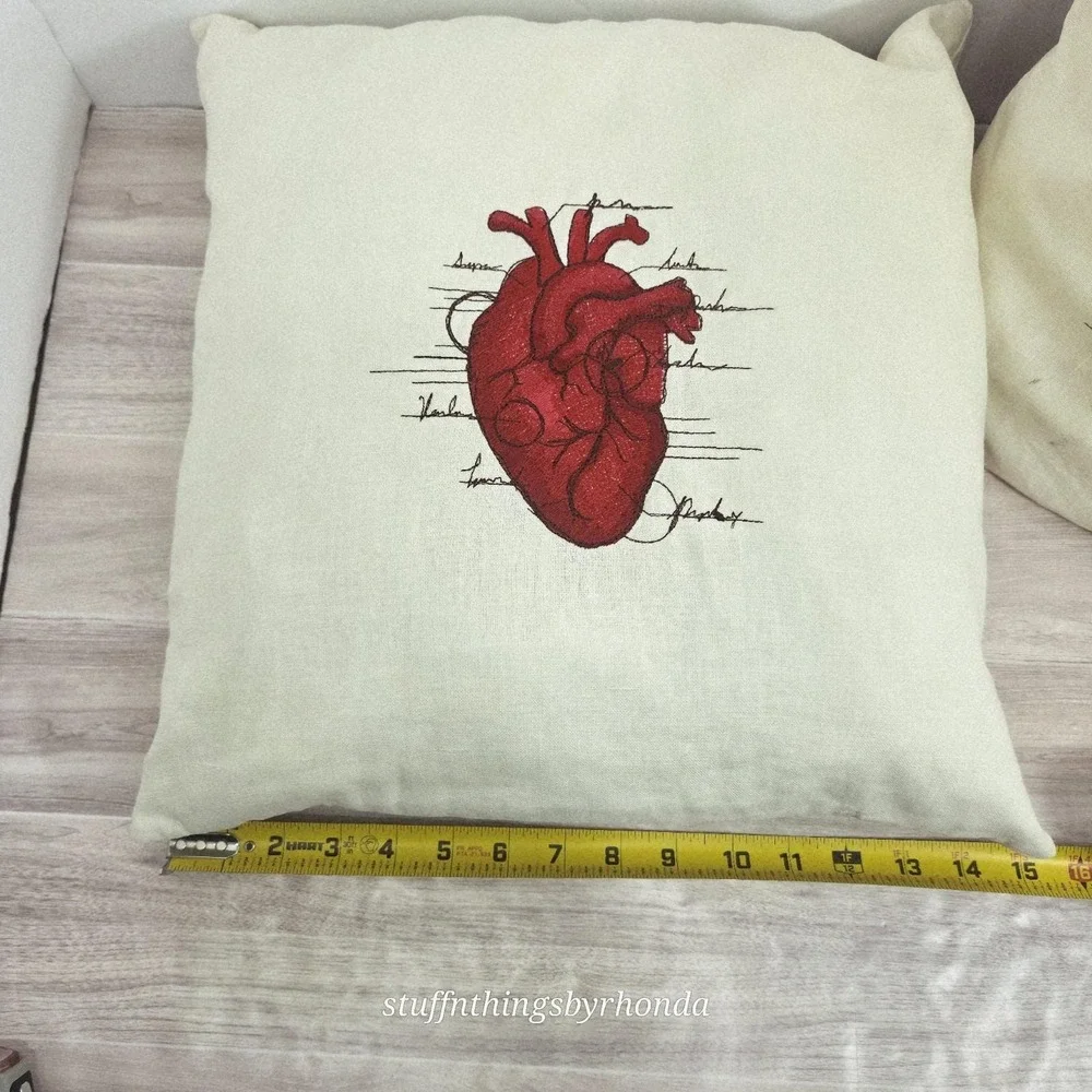 Set Of 2 Machine Embroidered Spooky Halloween Pillows Anatomical Heart And Skull
